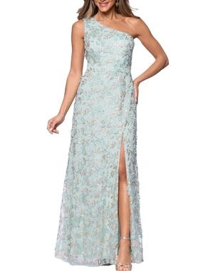 NWT X by Xscape $189 MSRP One-Shoulder Mint Blue Floral Lace Evening Gown Size 4